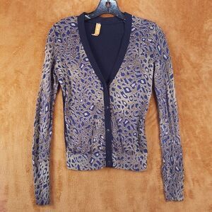 TORY BURCH Womens Sweater XS Navy Spotted Button Up Cardigan 100% Merino Wool